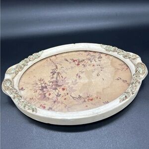 Antique? Barbola Vanity Dresser Perfume Trinket Tray Floral Fabric Under Glass